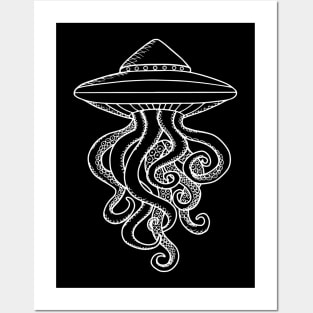 UFO Ocotopus Hybrid White Line Drawing Posters and Art